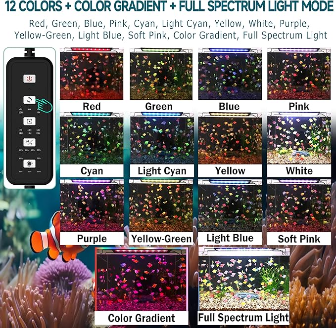 24/7 LED Aquarium Light with Remote for 18-24 Inch Plant & Fish Tank IP68, 12-Color & Gradient & Full Spectrum Light with Timer, Auto On/Off, Brightness, Extendable Brackets for Freshwater
