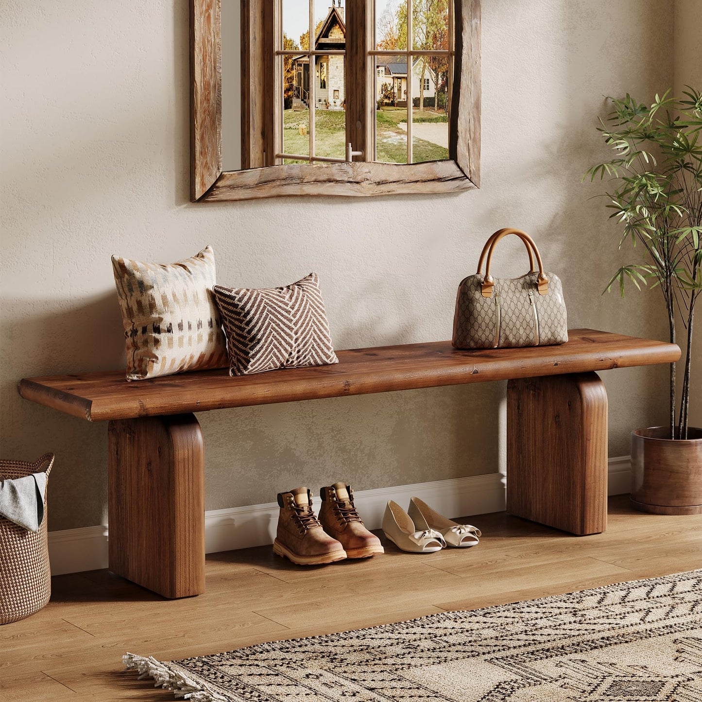 TRIBEWOOD 62.99-Inch Solid Wood Entryway Bench, Farmhouse Indoor Wooden End of Bed Bench for Entryway, Hallway, Bedroom, Dining Room, Living Room, Easy Assembly, Rustic Brown