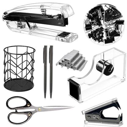 Office Desk Accessories，Office Supplies Set Acrylic Stapler Set Staple Remover, Tape Holder, Pen Holder, 2 Ballpoint Pen, Scissor, Binder Clips, Paper Clips and 1000pcs Staples(Black)