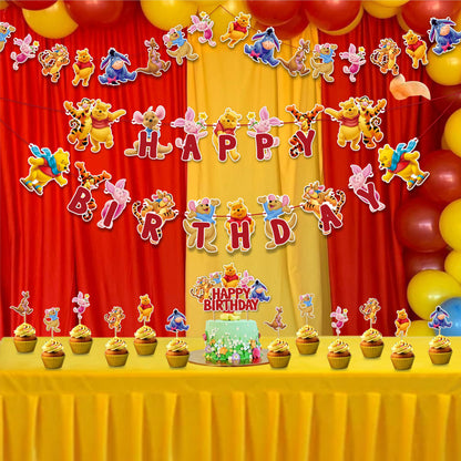 Winie The Pooh Theme Birthday Party Supplies, Cartoon Bear Party Decoration Set, Cute Themed Celebration Decor Kit for Birthday, Table Setup, Backdrop, Home Event Decoration Supplies