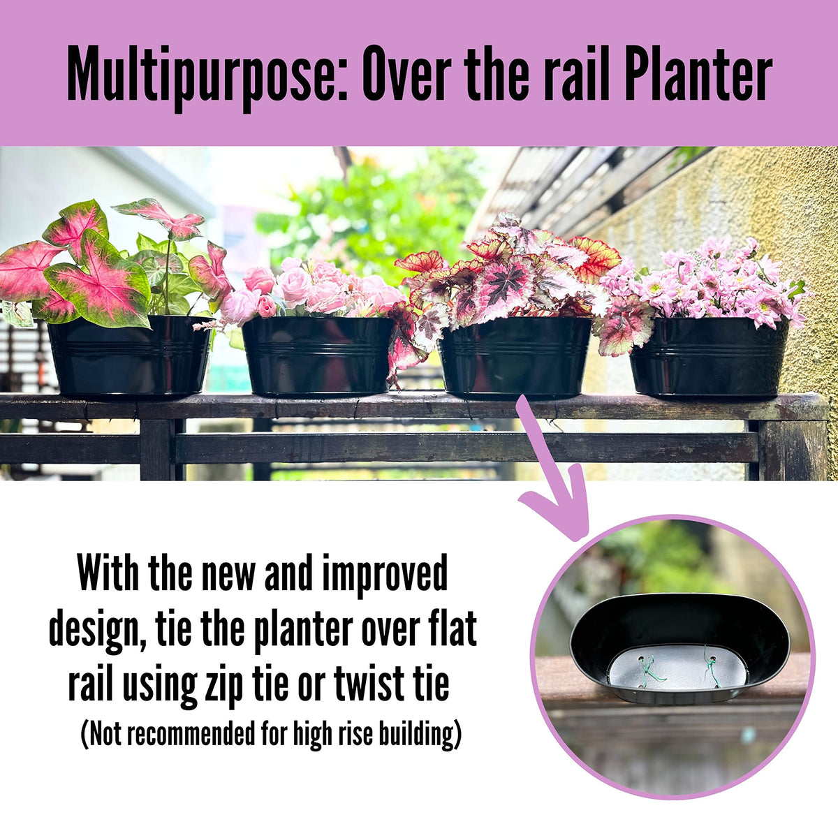 LaLaGreen Bundle - 10 Pack, 6 Inch Black + 4 Pack, 11.2 Inch Black Metal Pots,Large Iron Fence Bucket Plant Flower Herb Planter Box Balcony Rail Window Patio Porch Hook Decor Outdoor Farmhouse Design