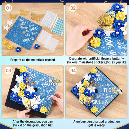 Dunzoom 36 Pcs DIY Graduation Cap Decorations Accessory Kit Artificial Flowers Inspirational Cardstock 3D Butterfly Stickers Rhinestone Stickers for DIY Hat Grad Cap Topper Graduation Party(Blue)