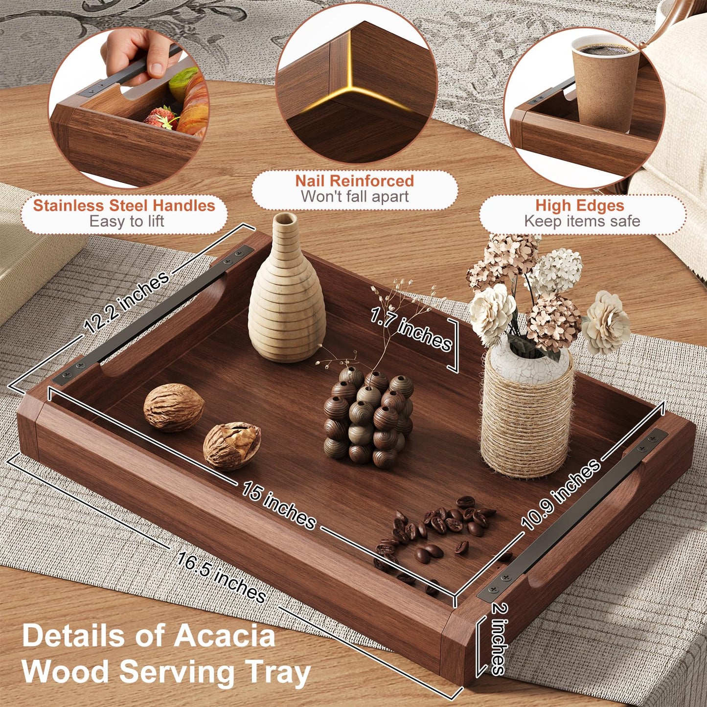 17 Inch Acacia Wood Ottoman Tray for Living Room, Wooden Serving Tray with Metal Handles, Large Serving Trays for Ottoman, Eating Food on Couch, Decorative Trays for Coffee Table, Bathroom, Home Decor