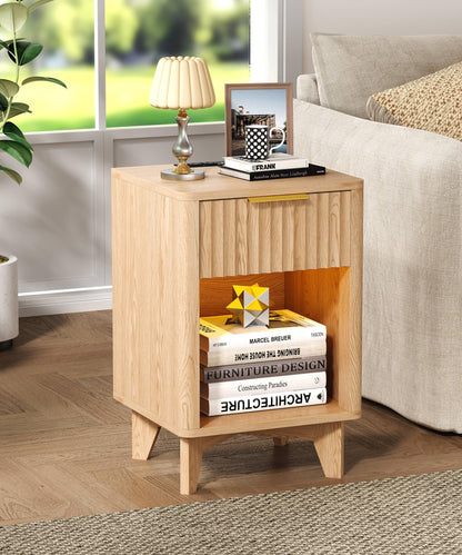 Zeibospri Fluted Nightstand Set of 2, Wooden Night Stand with Charging Station and LED Light, Modern Mid Century End Table with Drawer, Bedside Table for Bedroom, Natural Oak
