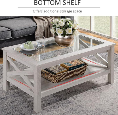 HOMCOM Farmhouse Style Coffee Table with Wood Frame, Tempered Glass Tabletop and Underneath Storage Shelf, Side Table for Living Room, 39.25"x21.75", White Oak
