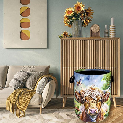 Highland Cow Laundry Basket Floral Foldable Funny Laundry Hamper Oxford Cloth