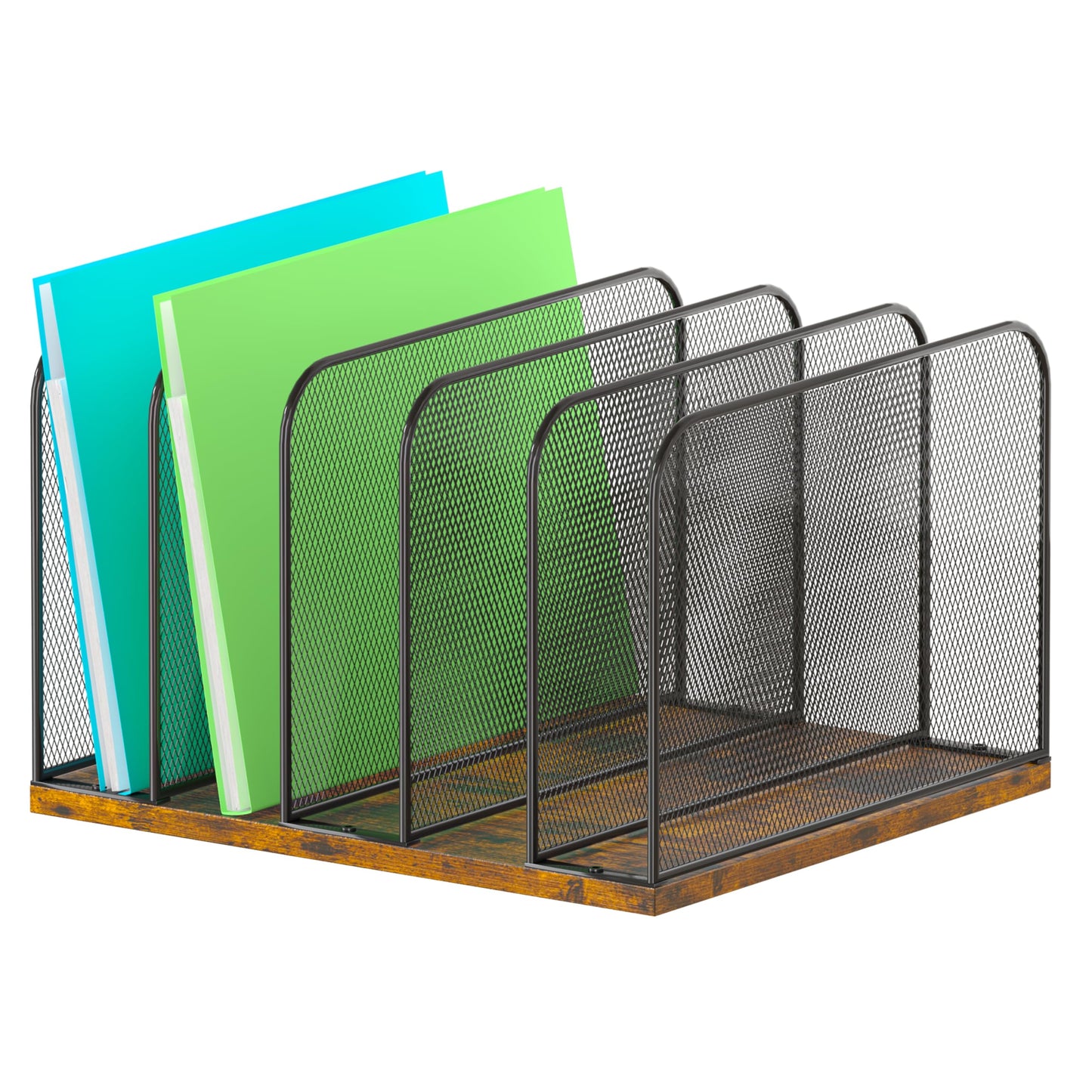 Piskyet Wooden Desk File Organizer, 5-Section Vertical File Folder Holder Stand,Metal Mail Paper Chromebook Organizer for Teacher Desk Office Classroom Desktop Organization