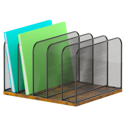 Piskyet Wooden Desk File Organizer, 5-Section Vertical File Folder Holder Stand,Metal Mail Paper Chromebook Organizer for Teacher Desk Office Classroom Desktop Organization