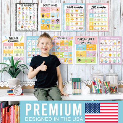 Hadley Designs Phonics Posters for Classroom Must Haves - 9 Sound Wall for Kindergarten & Elementary Teacher Supplies, Syllable, Vowels, Digraphs & Blends Bulletin Board Set, Pastel Classrom Decor
