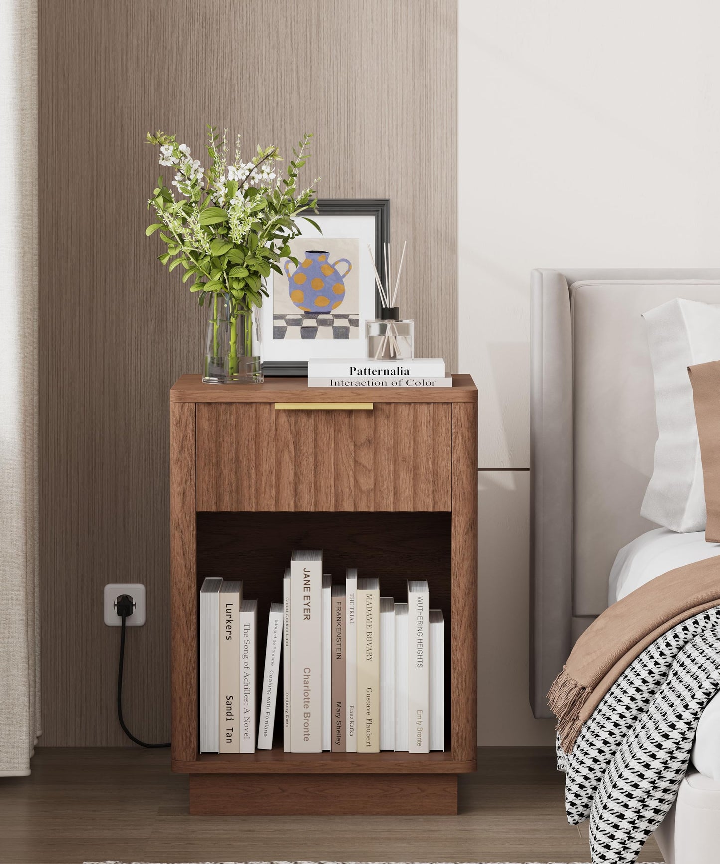 Akxomel Fluted Nightstands Set of 2, Wooden Night Stand with Charging Station and LED Light, Modern Mid Century End Table with Drawer, 15" D x 15.7" W x 22.6" H, for Bedroom, Walnut