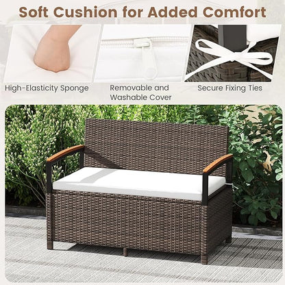 Tangkula 46 Gallon Outdoor Bench with Storage, Outdoor PE Rattan Storage Bench with Cushion, Backrest & Acacia Wood Armrests, Metal Frame, Waterproof Deck Box Seat for Porch Backyard Poolside