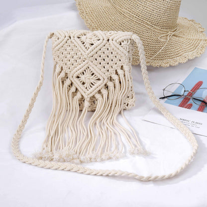 Women Tassel Shoulder Bag, Girls Fringed Crochet Purse Boho Crossbody Bags, Vintage Hand Woven Cotton Rope Hippie Style for Beach Vacation, Travel, Daily Use, Beige, Beige, S