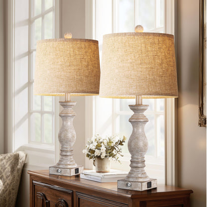 24.5" Table Lamp Set of 2, Rustic Farmhouse Bedside Lamps with USB A+C Charging Ports, 3-Way Dimmable Touch Control Nightstand Lamps for Living Room Bedroom, Antique Grey White, LED Bulbs Included