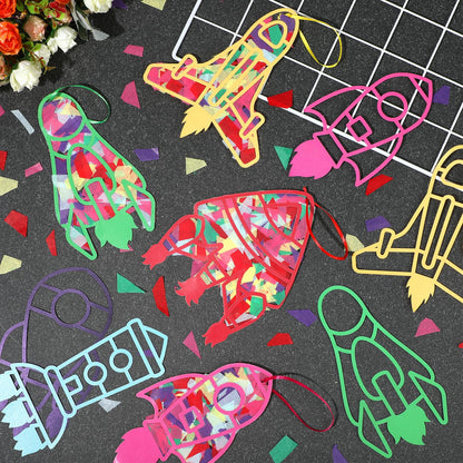 Peconal 24 Sets Rocket Suncatchers Craft Kit DIY Space Rocket Themed Stained Glass Effect Window Tissue Paper Art Hanging Decor for Boys Girls Birthday Gifts Unique Designs Bulk Party Favors Supplies