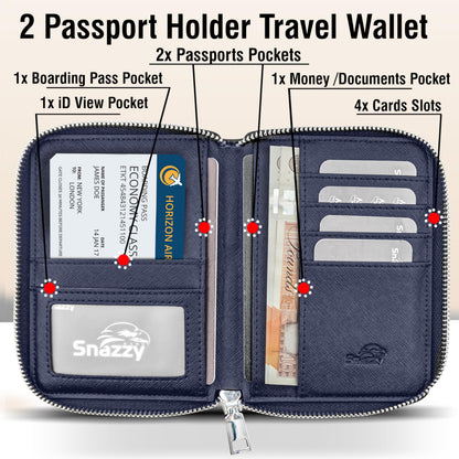 Snazzy Hawk RFID Travel Wallet Passport Holder w/Zipper - Organizer Bag for Travel Documents – Safety Essentials Cover for Men Women