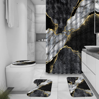 4 Pcs Marble Shower Curtain Sets, Gold Cracked Lines Crystal Geode Black Grey Bathroom Decor, Rug Toilet Lid Cover and Non-Slip U Shape Mat, Waterproof Polyester Shower Curtain with 12 Hooks, 72 x 72