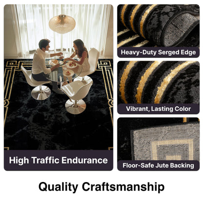 Well Woven Lezlee Abstract Modern 7'10" x 9'10" Area Rug Black Gold Marble Border - for Living Room, Dining Room, Bedroom