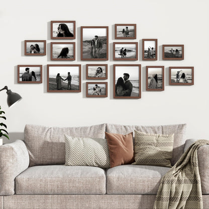 Venusmiles 15 Pack Picture Frames Collage Wall Decor, Gallery Frame Set for Wall Mounting or Tabletop Display, Multi Sizes Including 3pcs 8x10, 6pcs 5x7, 6pcs 4x6, Walnut