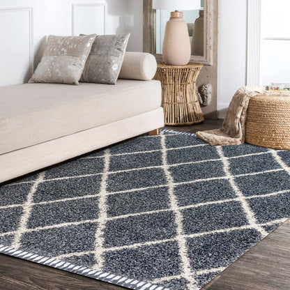 JONATHAN Y Mercer Shag Plush Tassel Denim Blue/Cream Indoor Area Rug, 3x5, Moroccan Geometric Trellis, Transitional, Easy-Cleaning for Living Room, Bedroom, Kitchen, Non-Shedding (MCR104A-3)