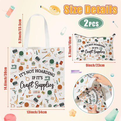 Y1tvei Crafter Canvas Bag Set - 2Pcs It's Not Hoarding If It's Craft Supplies Canvas Tote Bag Makeup Pouch, Craft Reusable Grocery Shopping Handbag Gift for Crafting Sewing Lover Birthday Party Favors