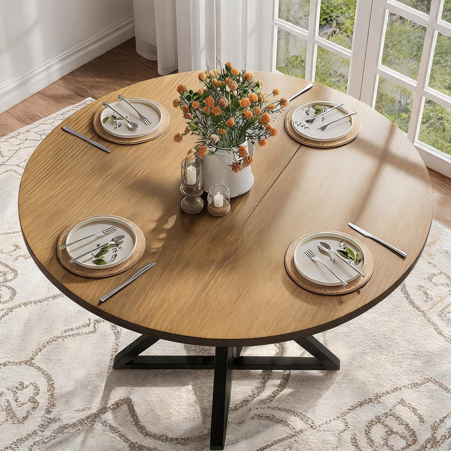 GarveeHome 47 Inch Round Dining Table for 4, Circle Kitchen Table with Pedestal Base, Farmhouse Wooden Dining Table for Small Spaces, Kitchen & Dining Room, Living Room（Brown/Only Table）
