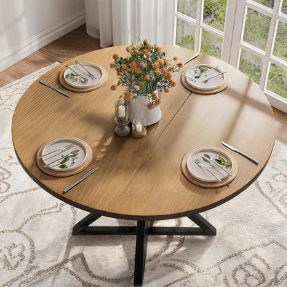 GarveeHome 47 Inch Round Dining Table for 4, Circle Kitchen Table with Pedestal Base, Farmhouse Wooden Dining Table for Small Spaces, Kitchen & Dining Room, Living Room（Brown/Only Table）