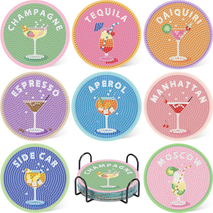8 Pcs Cocktail Diamond Art Coasters Kit for Adults, Cocktail Diamond Painting Coasters with Holder, 5D Gem Art DIY Crafts Diamond Dots for Gift Life