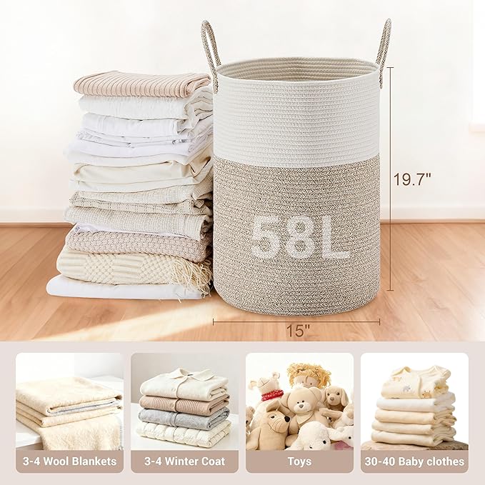 Tall Laundry Basket with Handles, 58L Portable Dirty Clothes Hamper, Boho