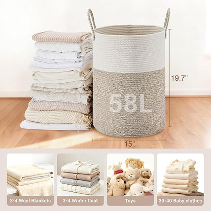 Tall Laundry Basket with Handles, 58L Portable Dirty Clothes Hamper, Boho