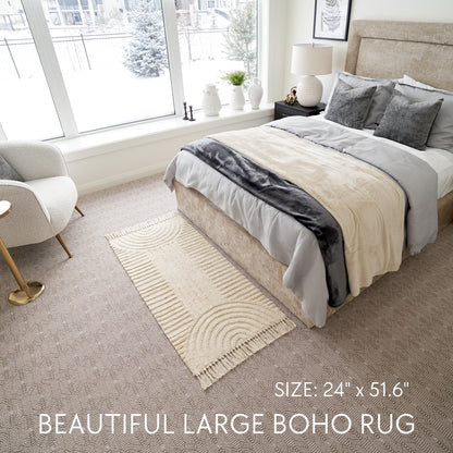 KIBAGA Boho Bathroom Rug with Tassels - Soft, Washable, Non-Slip Cotton Mat - Perfect 2x4.3 ft. Size to Enhance Modern Home Decor