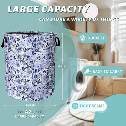Blue Flower Floral Laundry Basket Foldable