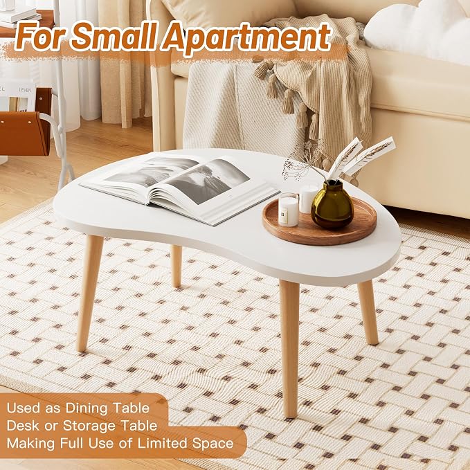 Small Coffee Table, Low Table with Solid Wood Legs, 23.6" Mini Oval Accent Table Side End Table, Floor Table Desk for Sitting on The Floor, Coffee Tea Table for Living Room, Dorm, Apartment, White