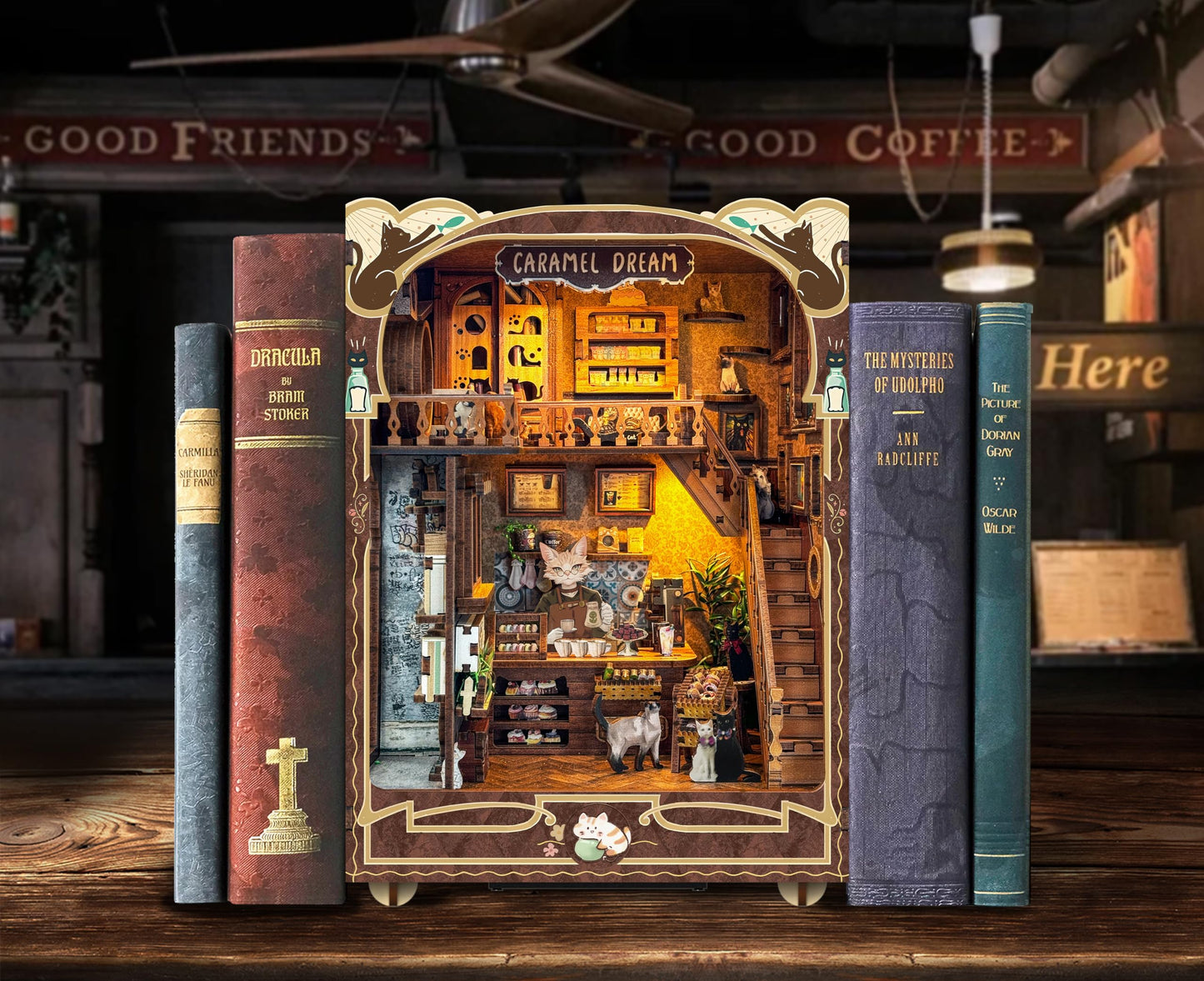 IBOHEYE Book nooks DIY Dollhouse Kit for Adults 3D Stereo Assembly Night Light Sensing Wooden Bookend Jigsaw Building Model Gifts for Family,Friends (Caramel Dreams)