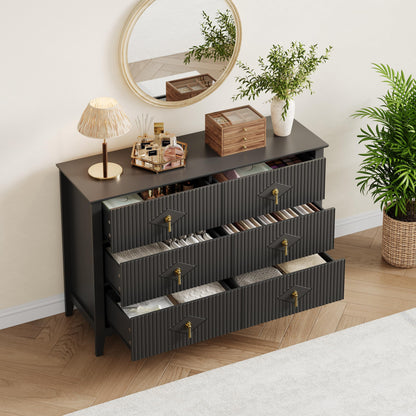 GarveeHome Fluted Dresser for Bedroom, 47.2 Inch Wide 6-Drawer Wood Dresser, Modern Chest of Drawers, Storage Organizer Cabinet for Living Room, Hallway, Entryway, Black
