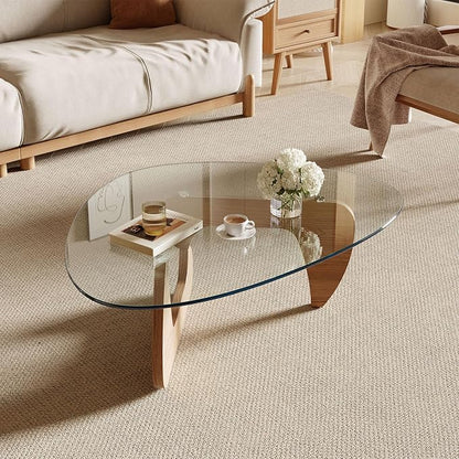Modern Coffee Table for Living Room and Small Spaces, 35.6" x 25.4" x 15.8" Triangle Tempered Glass Table Top and Solid Wood Base, Natural Wood
