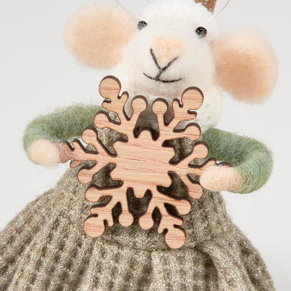 Primitives by Kathy Winter Mice Felt Collectible Critter Set, 6-Inch Handmade Wool Mice Duo with Glitter Hats Holding Wooden Tree & Snowflake, Winterscape Tiered Tray & Tree Decor