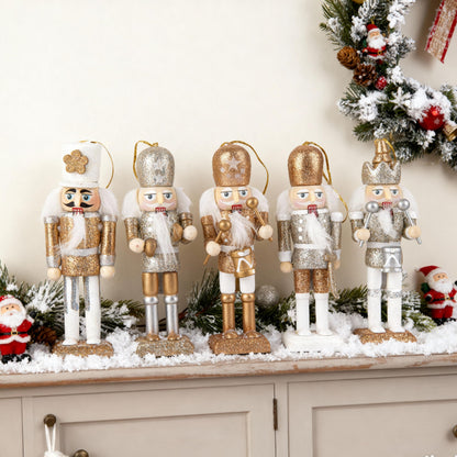 10 Pcs Mini Christmas Nutcracker Ornaments Set Classic Small Wooden Bulk Nut Cracker Figure Decor Wood Miniature Toy Soldier Christmas Tree Topper Decorations, White Silver Glitter Gold, 5 Inch