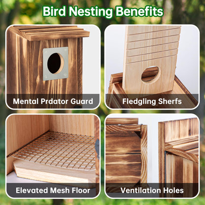 2 Pack Bird Houses for Outside with Metal Predator Guard for Bluebird Wren Swallow Finch, Carbonized Wooden Nesting Boxes for Outdoor, Sturdy Bird House,Easy to Clean