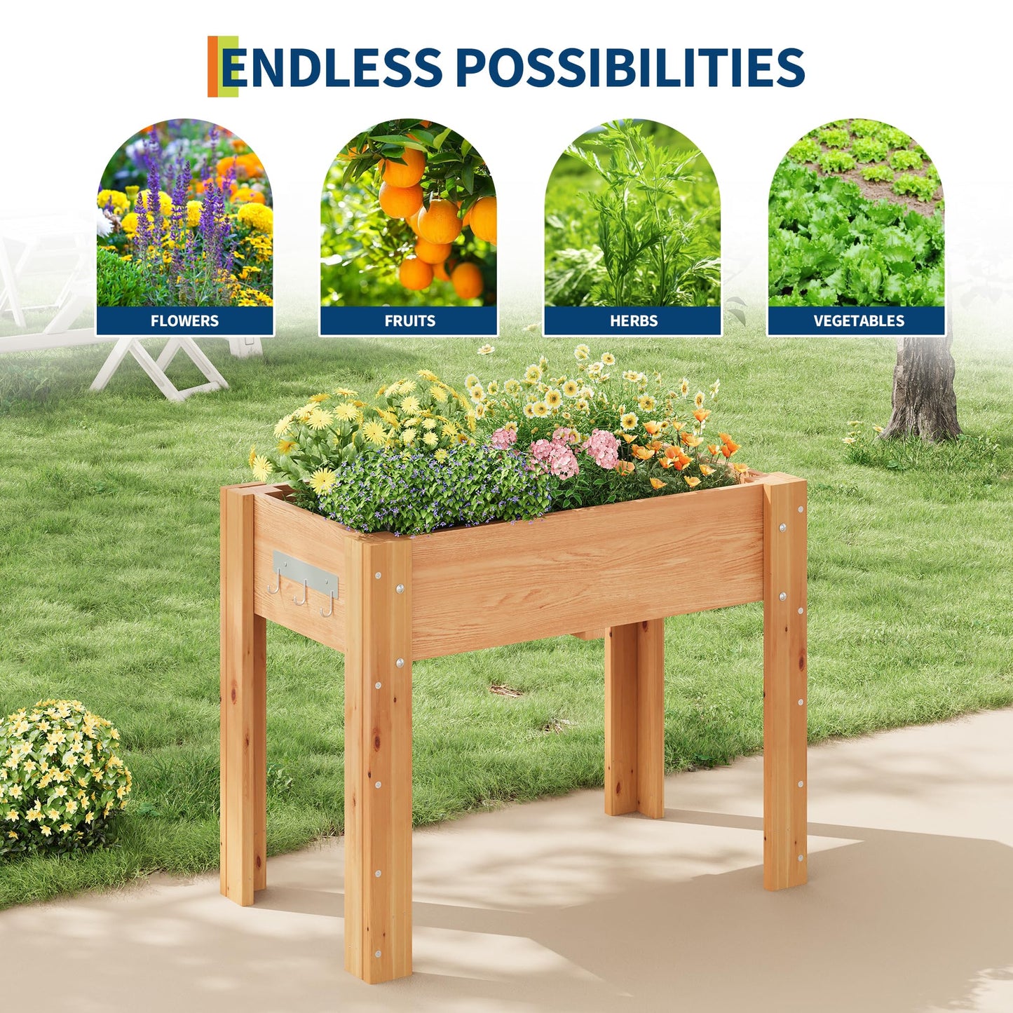 34x18x30IN Wooden Raised Garden Bed with Legs, Elevated Reinforced Large Planter Box for Vegetable Flower Herb Outdoor, Standing Growing Bed for Gardening/Backyard/Patio/Balcony, Liner Included