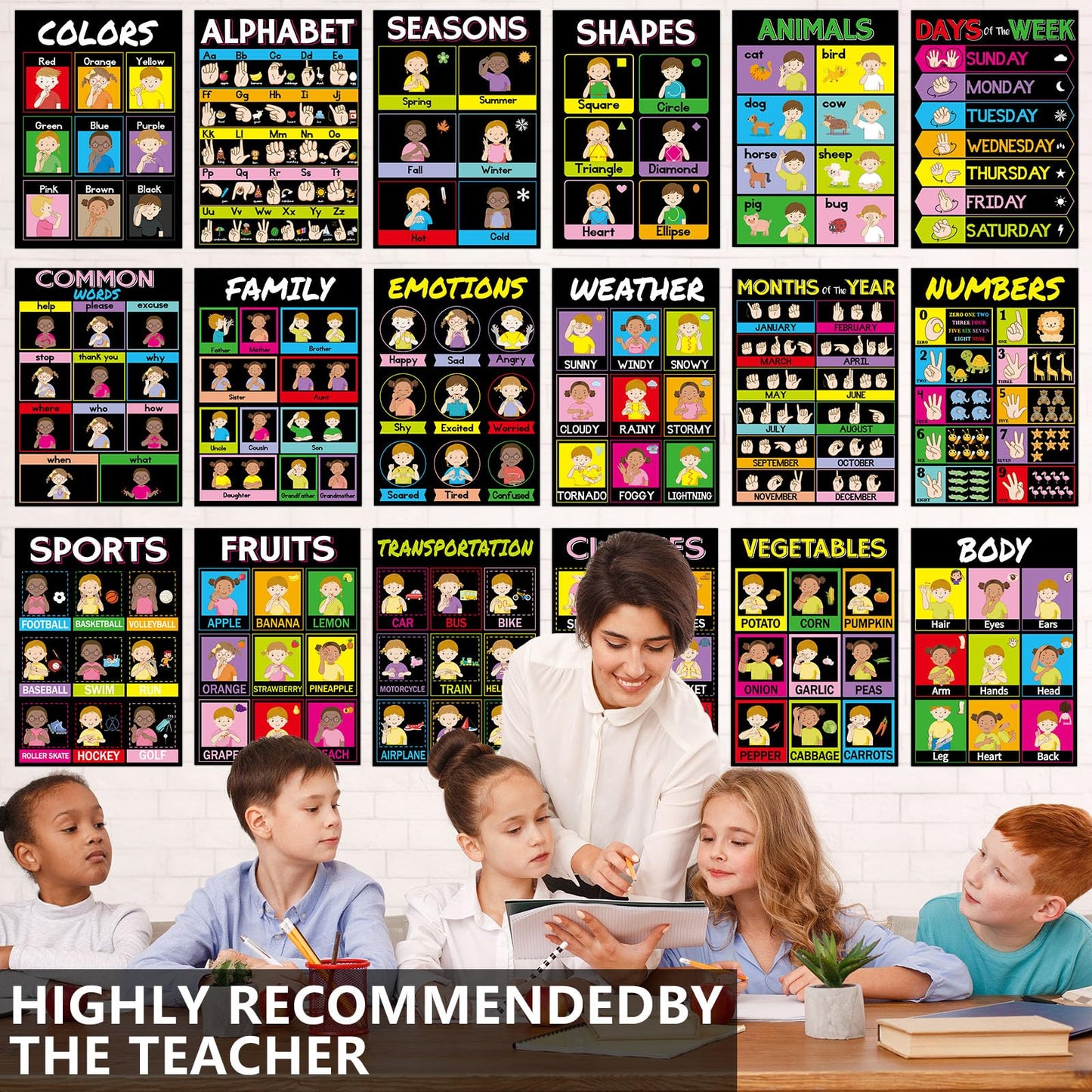 gisgfim 18 Pieces ASL Poster America Sign Language Poster ASL Study Charts for Classroom Education Posters Sign Language for Primary School Toddlers Kids Students Classroom Decor (Black)