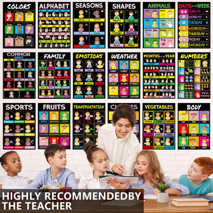 gisgfim 18 Pieces ASL Poster America Sign Language Poster ASL Study Charts for Classroom Education Posters Sign Language for Primary School Toddlers Kids Students Classroom Decor (Black)