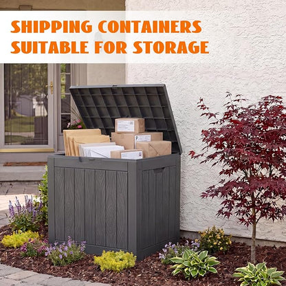 35 Gallon Package Delivery Boxes for Outside, Resin outdoor storage bin with a wood-grain pattern, Storage Cabinet for Parcel Shipping & Storage