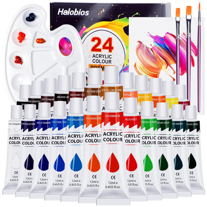 Acrylic Paint Set with 3 Paint Brushes, 24×12ml Colors Premium Paint Set with 1 Palette 1 Canvas Boards, Art Painting Kits for Adults, Paints Supplies for Canvas Rock Painting Craft Art Class