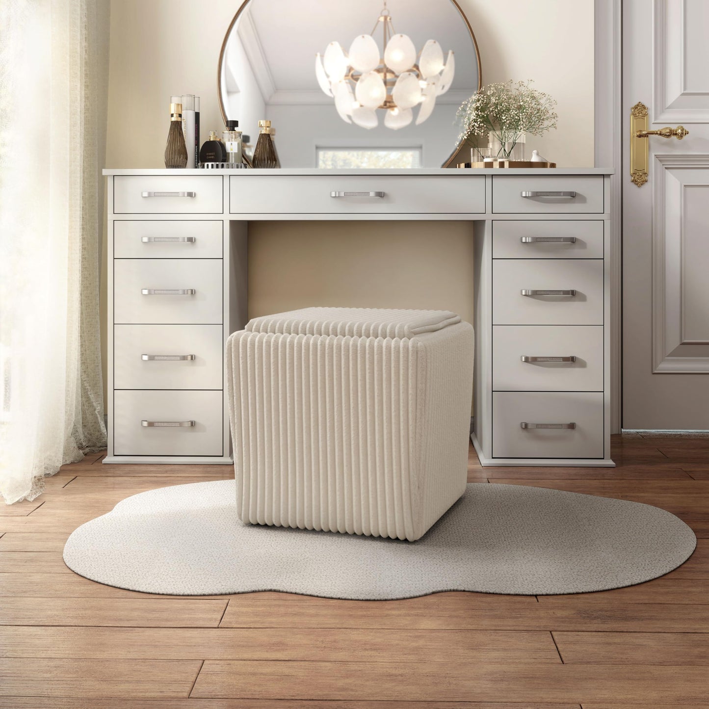 Furniture of America Lennox Modern Chenille 17-inch Square Storage Ottoman with Reversible Tray Top, Upholstered Footstool for Living Room, Bedroom, Entryway, Beige Pink