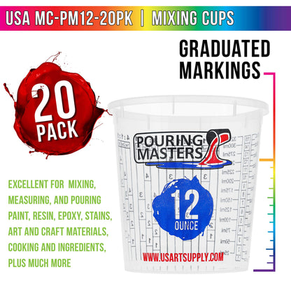 Pouring Masters 12 Ounce (350ml) Graduated Plastic Mixing Cups (Box of 20) - Paint Mixing Cups for Epoxy Resin, Art, Kitchen, Baking - Measurements in OZ and ML, 4 Different Measuring Ratios 1:1
