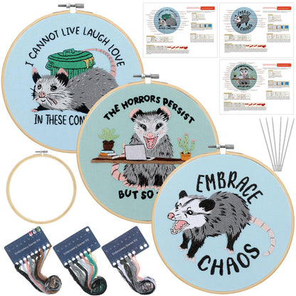 Mindsoft 3 Sets Possum Embroidery Kit with Embroidery Hoop Easy Pattern Needlepoint Kit for Beginners and Adults Hand Crafts Needlepoint Set with Needles Thread and Instruction