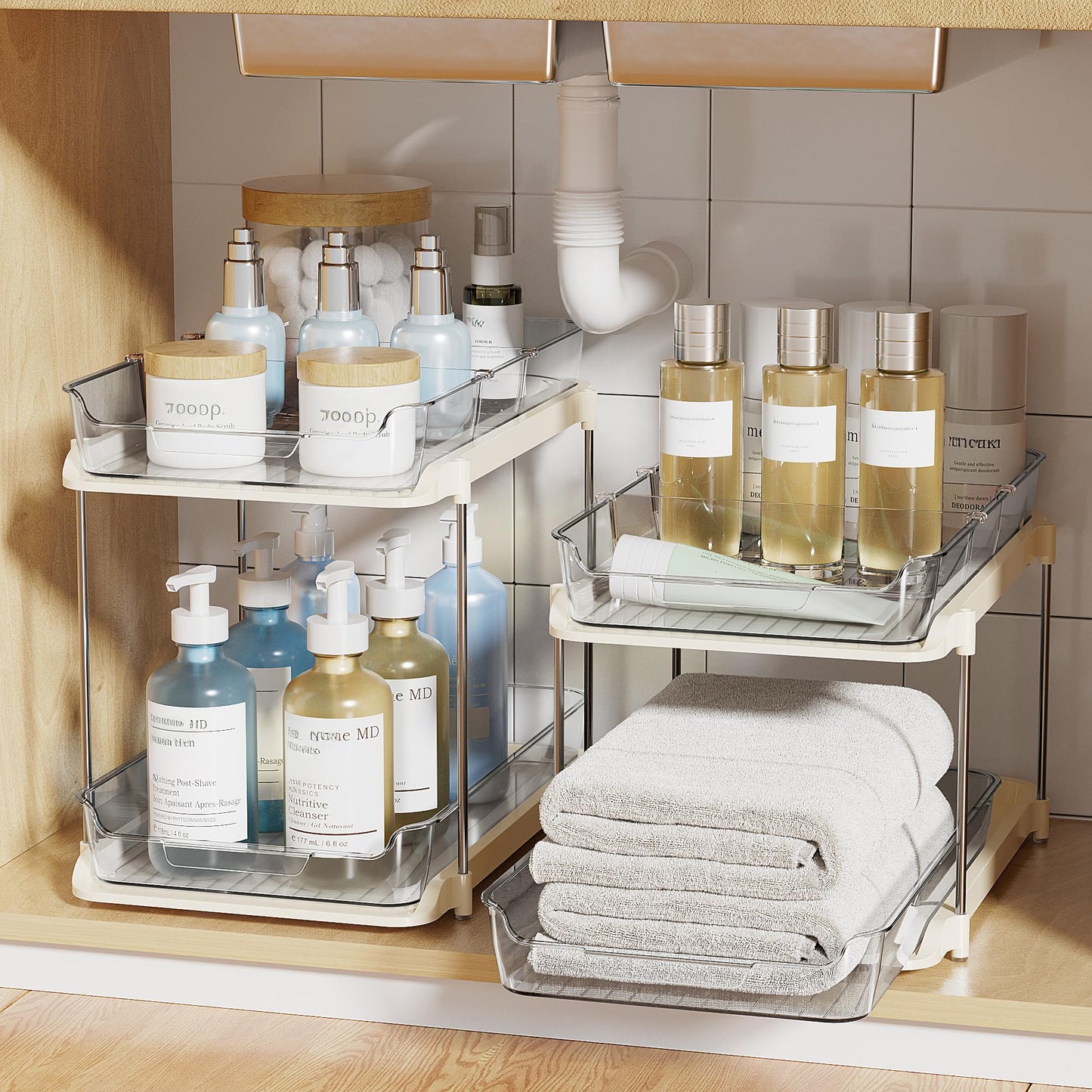 Delamu 2-Tier Multi-Purpose Bathroom Under Sink Organizers and Storage, Stackable Kitchen Pantry Organization, Pull Out Medicine Cabinet Organizer with Movable Dividers, White, 2 Pack