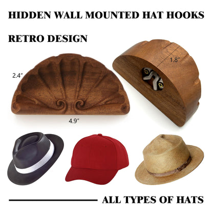 HHMKK Hat Hooks for Baseball Caps, Retro Hat Holder Wooden for Wall Display, Hat Hanger Organizer for Cowboy Hat Beach Hats, Natural Curved Hat Rack for Wall Door Closet - 2 Pack