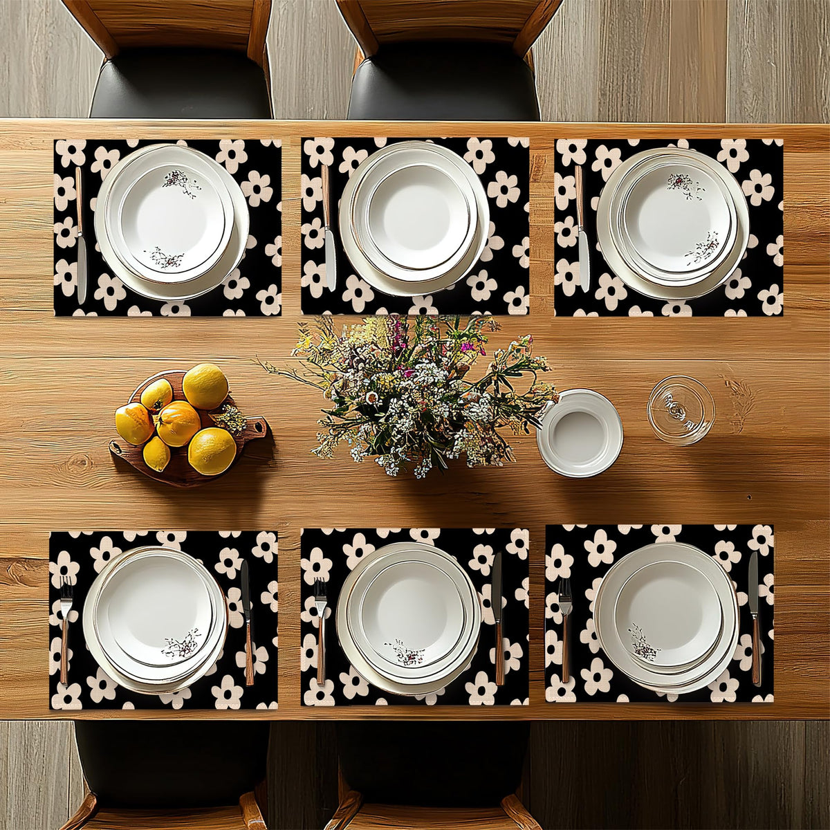 Placemats Set of 6,Abstract Black Flower Heat Resistant Non Slip Table Mats,Washable Wipe Clean Dining Placemats 12 x 18 Inches