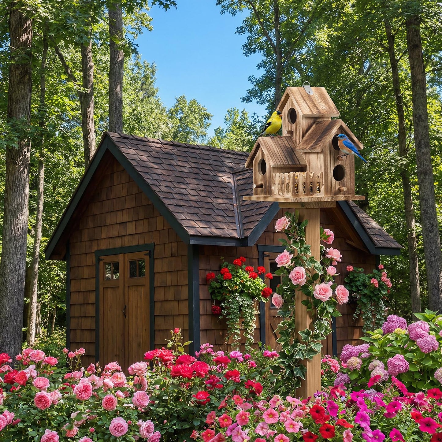Bird House for Outside, Outdoor 3 Hole Bird House Room Bluebird Finch Wooden Hanging Birdhouse Handmade Wooden Hummingbird-House for Garden,Courtyard, Backyard Bluebirds, Finches, Cardinals